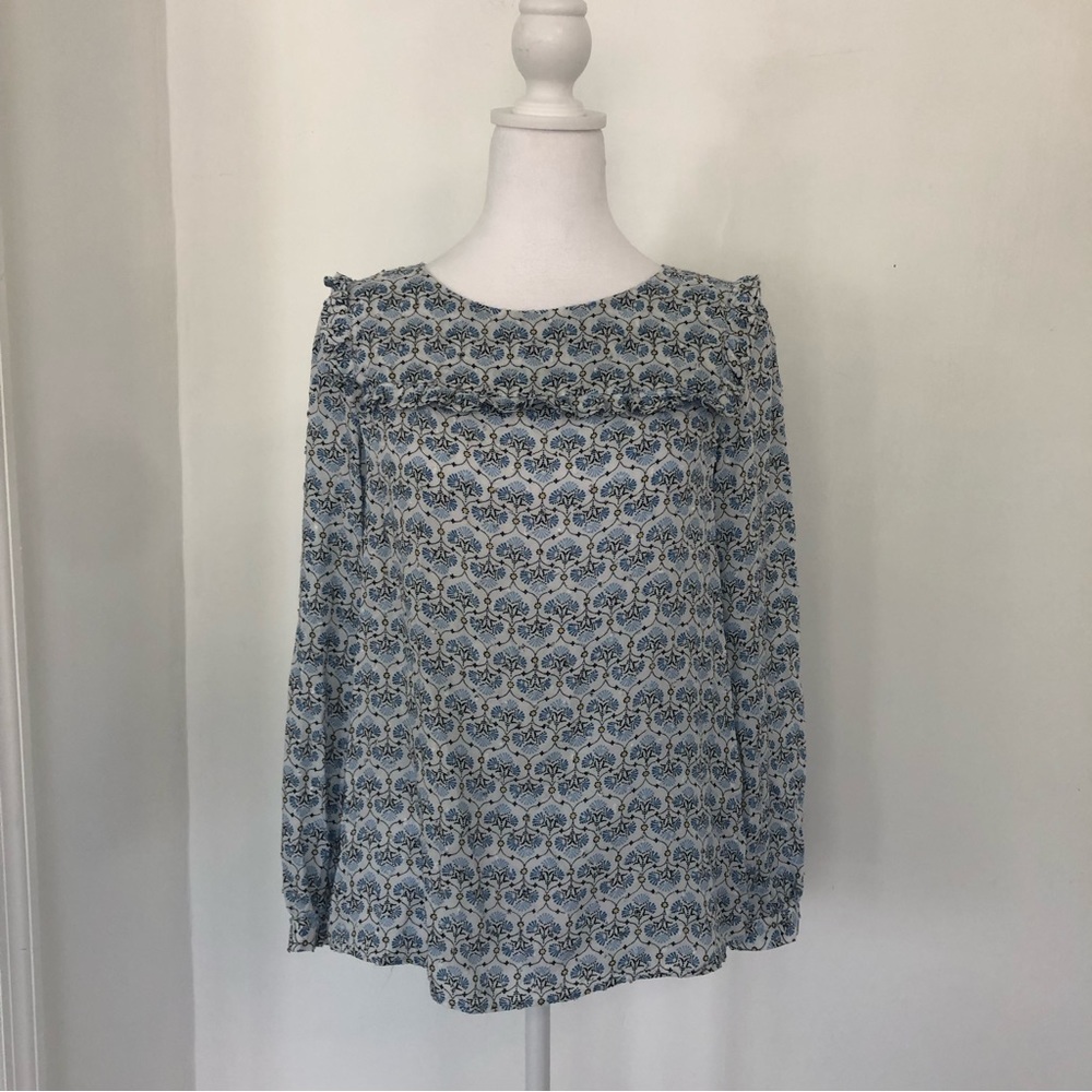 LOFT Petites Women Mosaic White/Blue Ruffle Long Sleeve Blouse Sz SP
